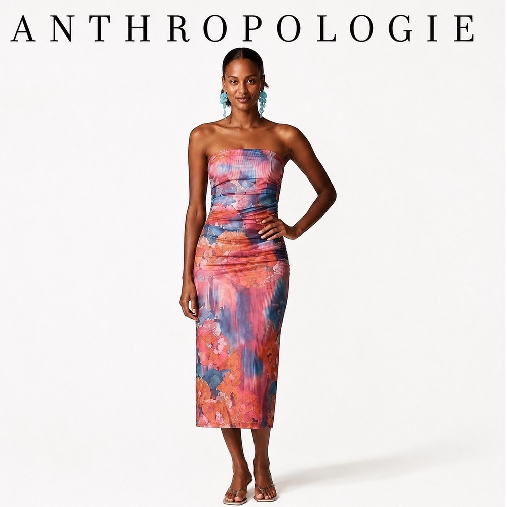 Anthropologie Strapless Floral Mesh Midi Dress Bodycon Pink Blue Print Large